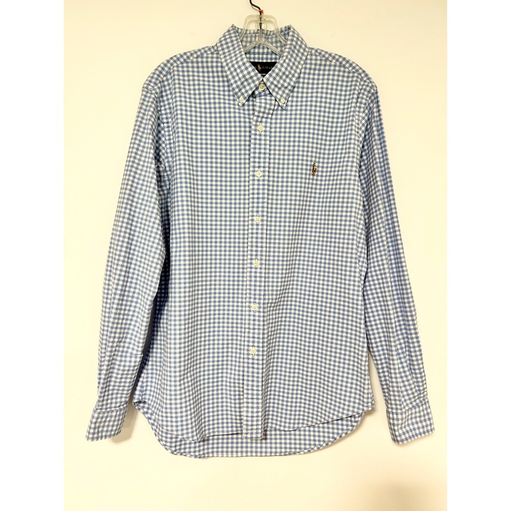 Ralph Lauren Mens Slim Fit Stretch Oxford Gingham Shirt Blue White Large L